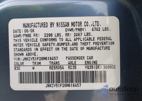 2006 Infiniti G35X z USA, uszkodzony, nr VIN JNKCV51F26M616457